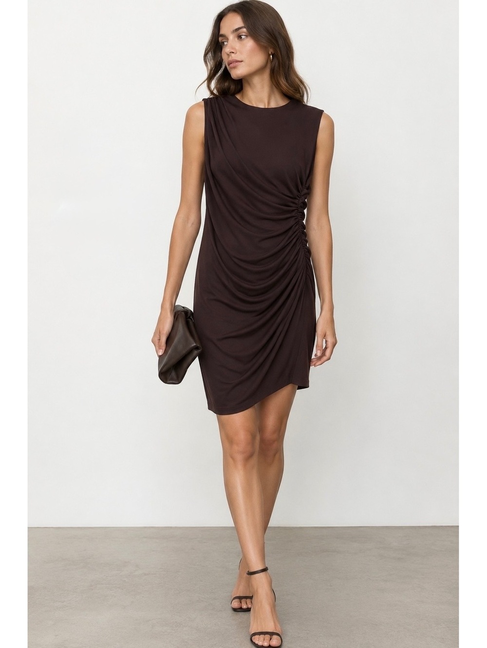 Zara Chocolate Brown Ruched Draped Sleeveless Bodycon Mini Dress Size L